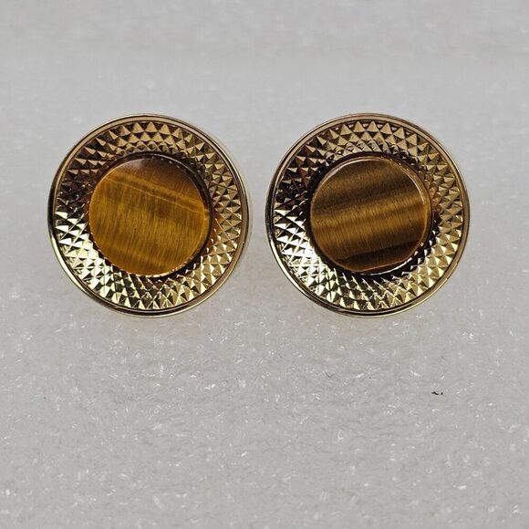 Vintage Swank Golden Brown Tiger Eye Diamond Cut Round Shiny Gold Tone Cufflinks - Picture 2 of 11